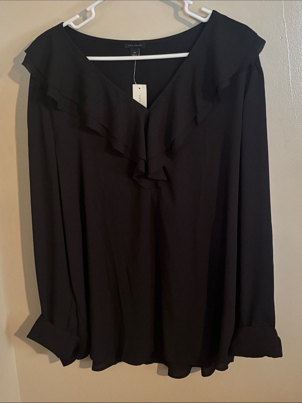 Ann Taylor Black Ruffle V-Neck Long Sleeve Blouse